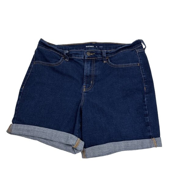 Old Navy Womens Size 8 Mid Rise Denim Shorts Dark Wash Blue Cuffed Jean - Picture 1 of 5